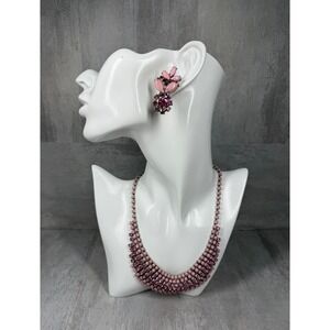 Vintage Pink Rhinestone Bib Necklace Cluster Clip On Earrings Jewelry Set
